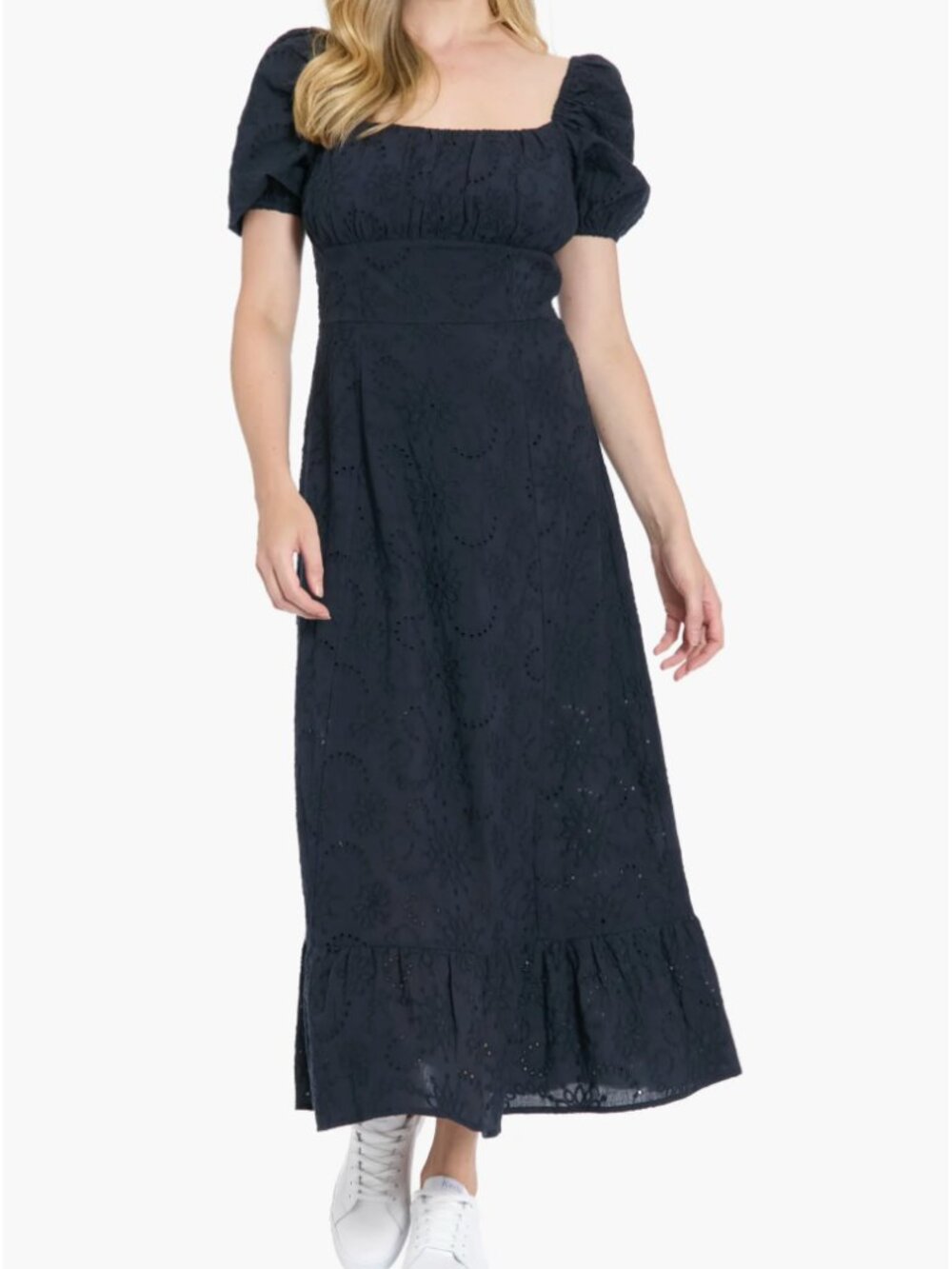 London Times Floral Embroidered Eyelet Puff Sleeve Cotton Midi Dress